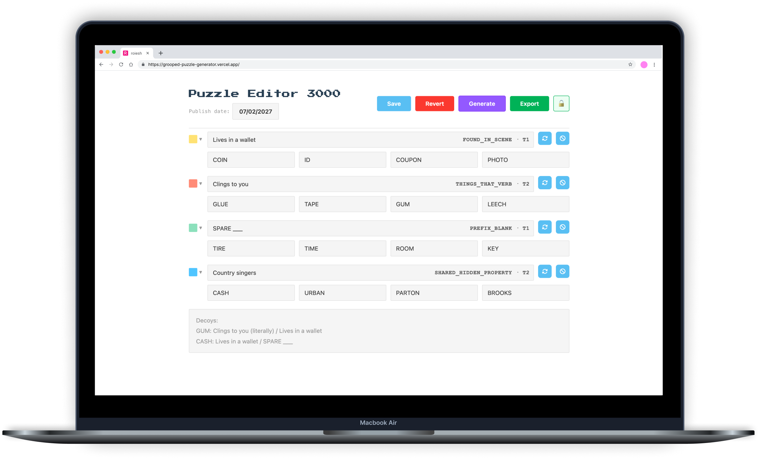Puzzle Editor 3000 showing four categories with refresh and ban controls