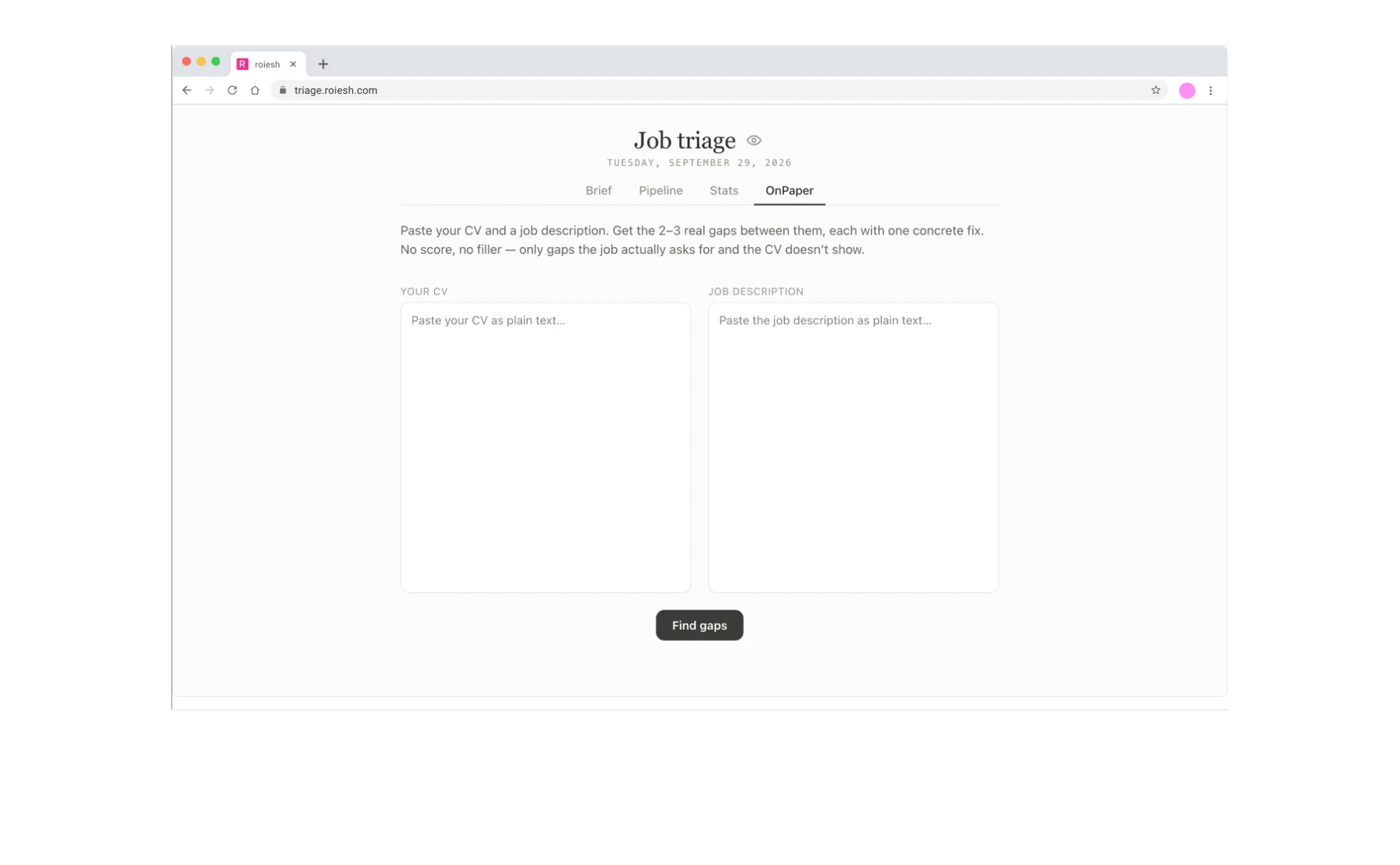 The first version of OnPaper, a tab on the job triage site with two paste boxes and a Find gaps button